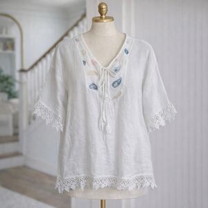 Femme Fatale 100% Linen Made In Italy White Embroidered Beach Cover Shirt